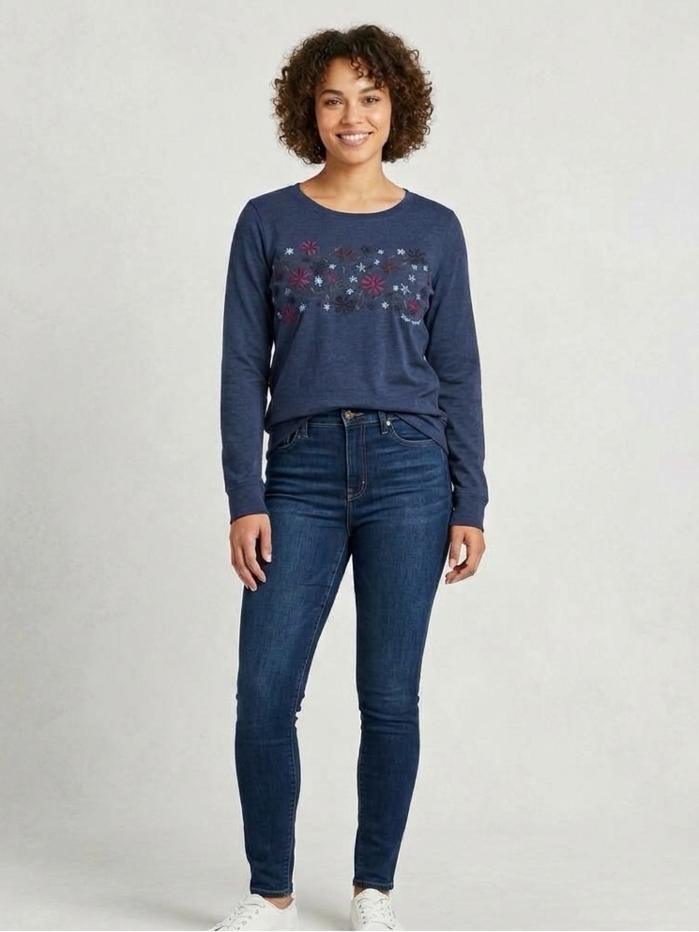 Life is Good Embroidered Wildflower Top Small Blue